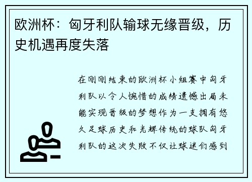 欧洲杯：匈牙利队输球无缘晋级，历史机遇再度失落
